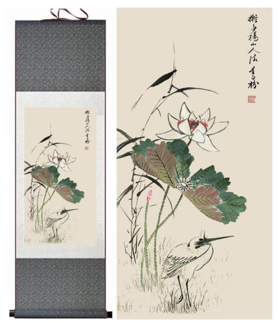 Chinese Art Scroll Painting Lotus Flower Ancient Silk Picture Wall Ideas 13134-Chinese Style Finds™