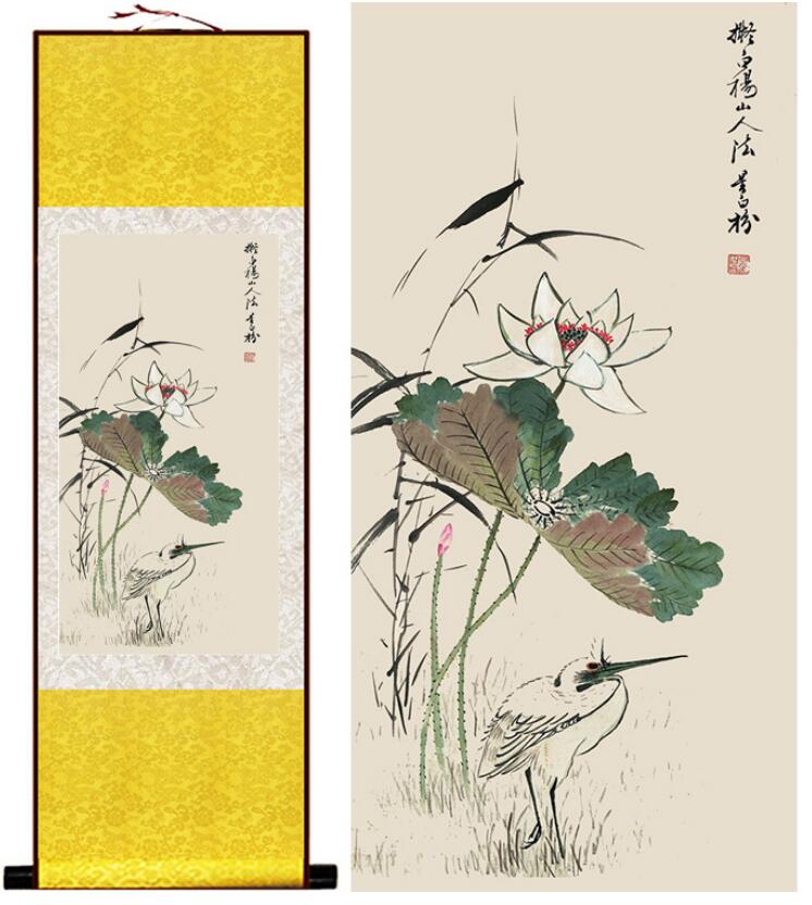 Chinese Art Scroll Painting Lotus Flower Ancient Silk Picture Wall Ideas 13134-Chinese Style Finds™