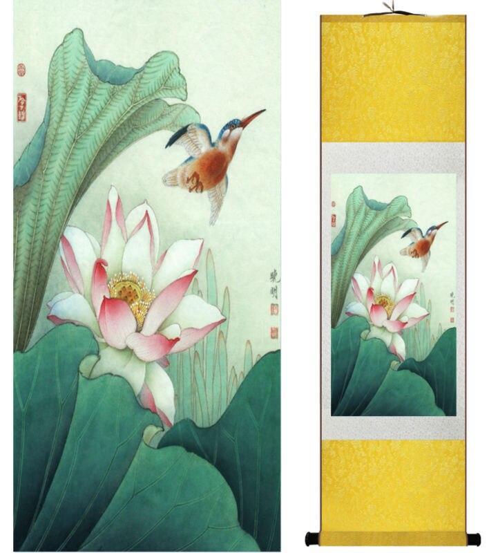 Chinese Art Scroll Painting Lotus Flower Ancient Silk Picture Wall Ideas 13750-Chinese Style Finds™