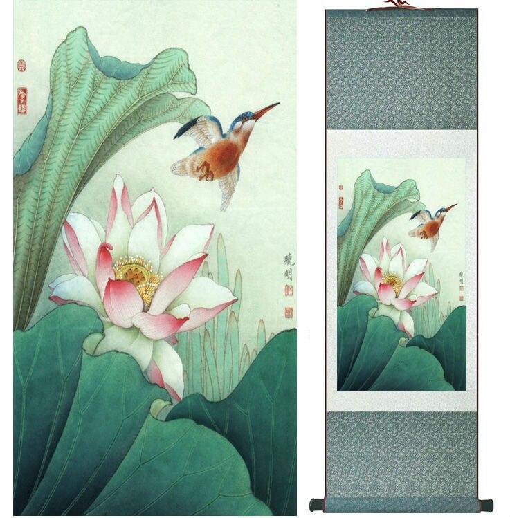 Chinese Art Scroll Painting Lotus Flower Ancient Silk Picture Wall Ideas 13750-Chinese Style Finds™