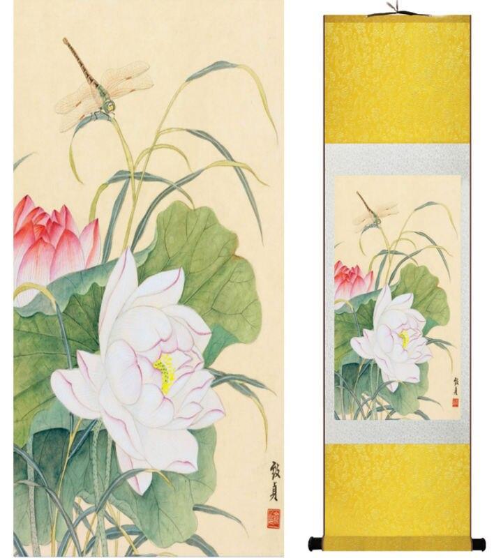 Chinese Art Scroll Painting Lotus Flower Ancient Silk Picture Wall Ideas 14158-Chinese Style Finds™