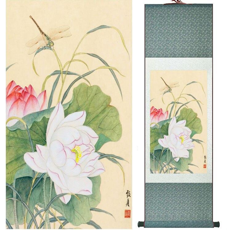 Chinese Art Scroll Painting Lotus Flower Ancient Silk Picture Wall Ideas 14158-Chinese Style Finds™