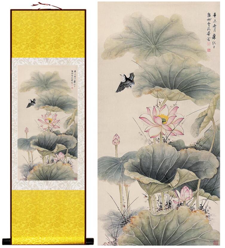 Chinese Art Scroll Painting Lotus Flower And Animal Birds Ancient Silk Picture Wall Ideas 13246-Chinese Style Finds™