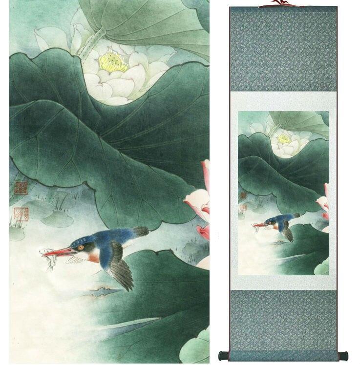 Chinese Art Scroll Painting Lotus Flower And Animal Birds Water Lily Ancient Silk Picture Wall Ideas 13966-Chinese Style Finds™