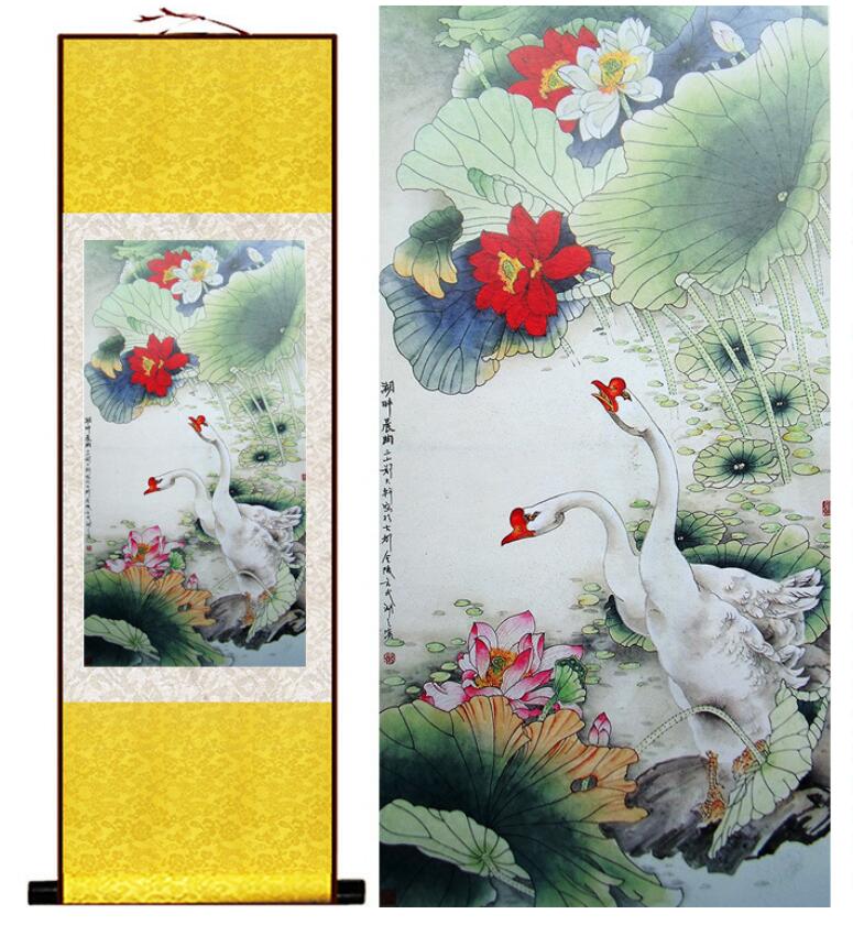 Chinese Art Scroll Painting Lotus Flower And Goose Ancient Silk Picture Wall Ideas 12878-Chinese Style Finds™