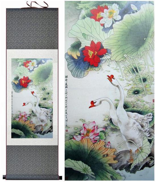 Chinese Art Scroll Painting Lotus Flower And Goose Ancient Silk Picture Wall Ideas 12878-Chinese Style Finds™