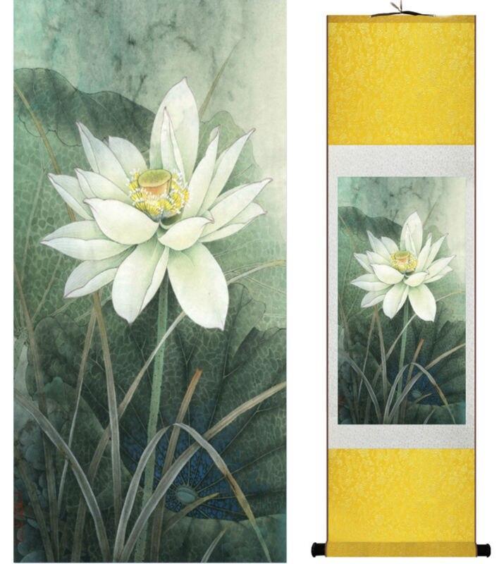 Chinese Art Scroll Painting Lotus Flower Water Lily Ancient Silk Picture Wall Ideas 13738-Chinese Style Finds™