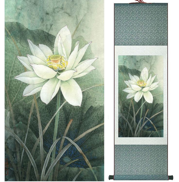 Chinese Art Scroll Painting Lotus Flower Water Lily Ancient Silk Picture Wall Ideas 13738-Chinese Style Finds™