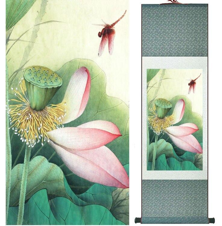 Chinese Art Scroll Painting Lotus Flower Water Lily Ancient Silk Picture Wall Ideas 13742-Chinese Style Finds™