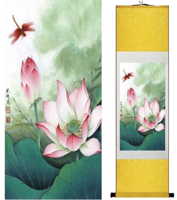 Chinese Art Scroll Painting Lotus Flower Water Lily Ancient Silk Picture Wall Ideas 13794-Chinese Style Finds™