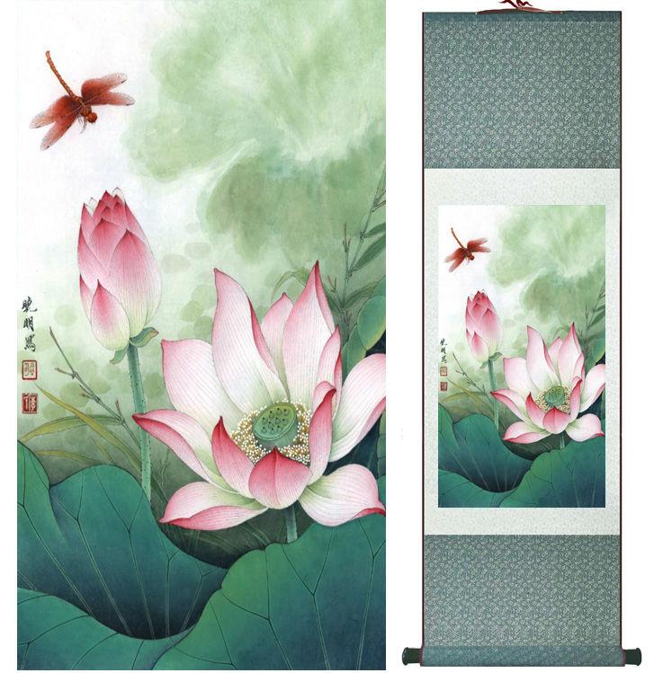 Chinese Art Scroll Painting Lotus Flower Water Lily Ancient Silk Picture Wall Ideas 13794-Chinese Style Finds™