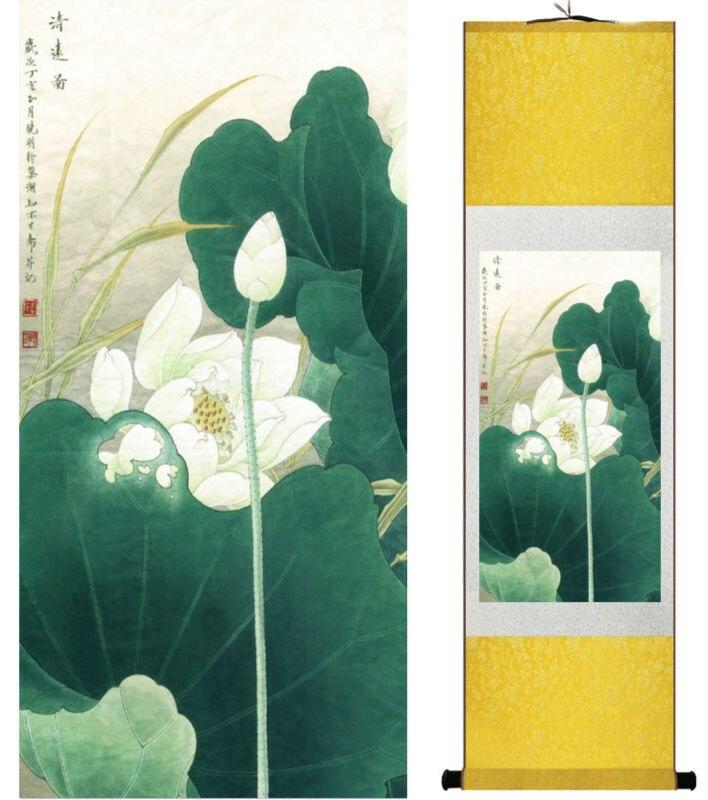 Chinese Art Scroll Painting Lotus Flower Water Lily Ancient Silk Picture Wall Ideas 13950-Chinese Style Finds™