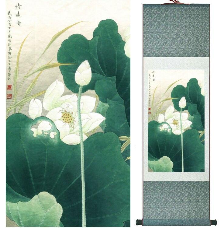 Chinese Art Scroll Painting Lotus Flower Water Lily Ancient Silk Picture Wall Ideas 13950-Chinese Style Finds™