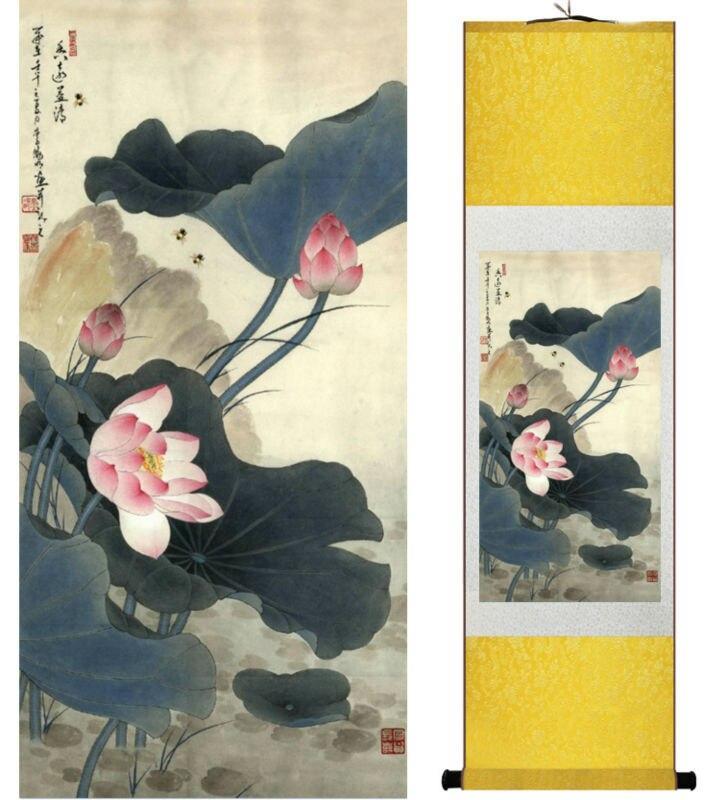 Chinese Art Scroll Painting Lotus Flower Water Lily Ancient Silk Picture Wall Ideas 13954-Chinese Style Finds™