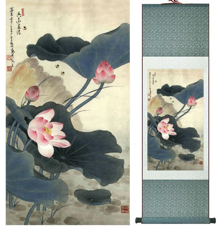 Chinese Art Scroll Painting Lotus Flower Water Lily Ancient Silk Picture Wall Ideas 13954-Chinese Style Finds™