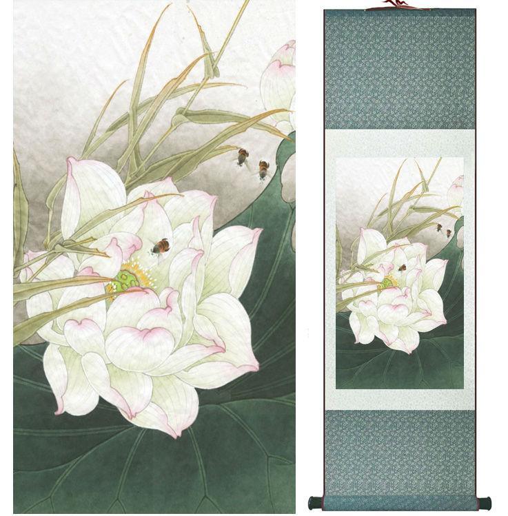 Chinese Art Scroll Painting Lotus Flower Water Lily Ancient Silk Picture Wall Ideas 13958-Chinese Style Finds™