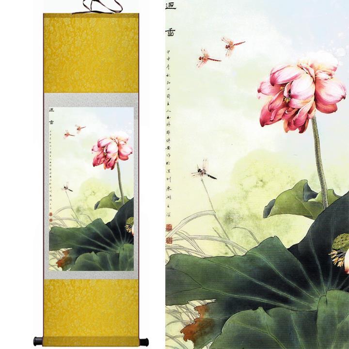 Chinese Art Scroll Painting Lotus Flowers Landscape Ancient Silk Picture Wall Ideas 11106-Chinese Style Finds™