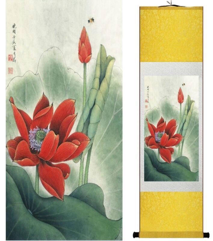 Chinese Art Scroll Painting Lotus Water Lily Ancient Silk Picture Wall Ideas 14018-Chinese Style Finds™