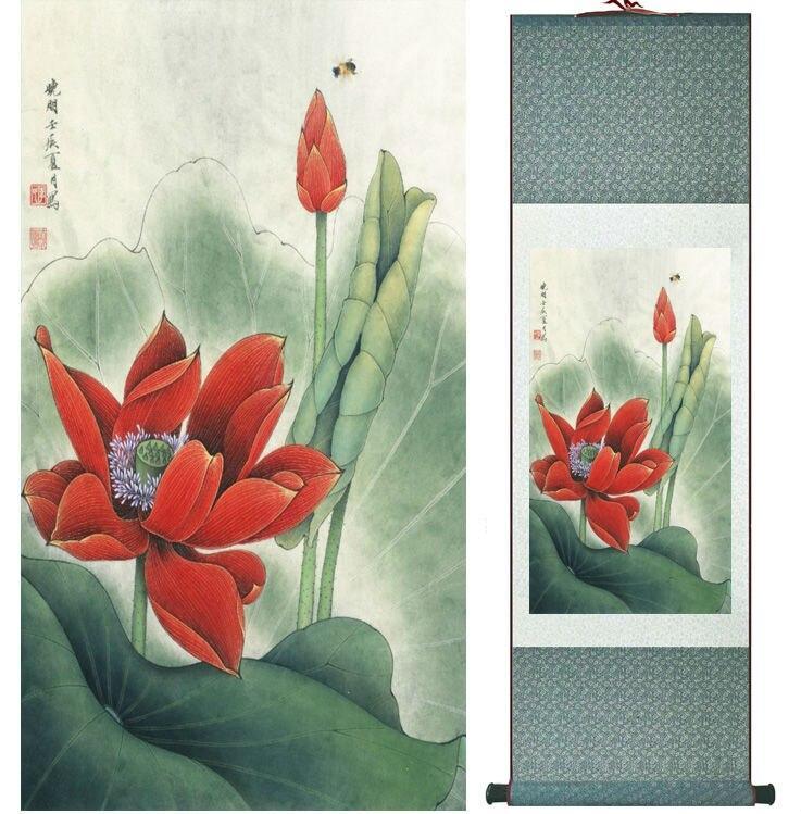 Chinese Art Scroll Painting Lotus Water Lily Ancient Silk Picture Wall Ideas 14018-Chinese Style Finds™