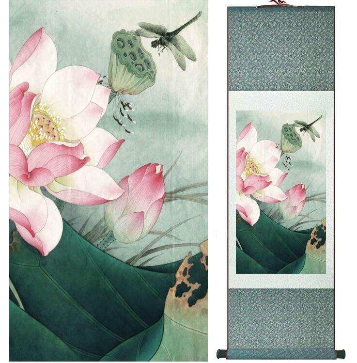 Chinese Art Scroll Painting Lotus Water Lily Ancient Silk Picture Wall Ideas 14038-Chinese Style Finds™