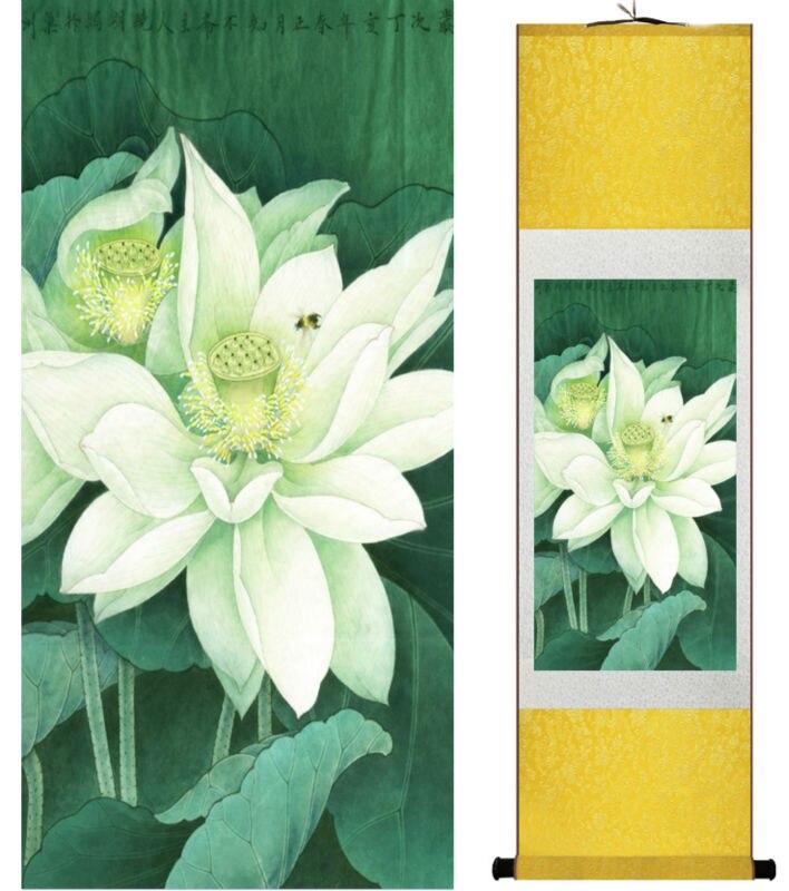 Chinese Art Scroll Painting Lotus Water Lily Ancient Silk Picture Wall Ideas 14042-Chinese Style Finds™