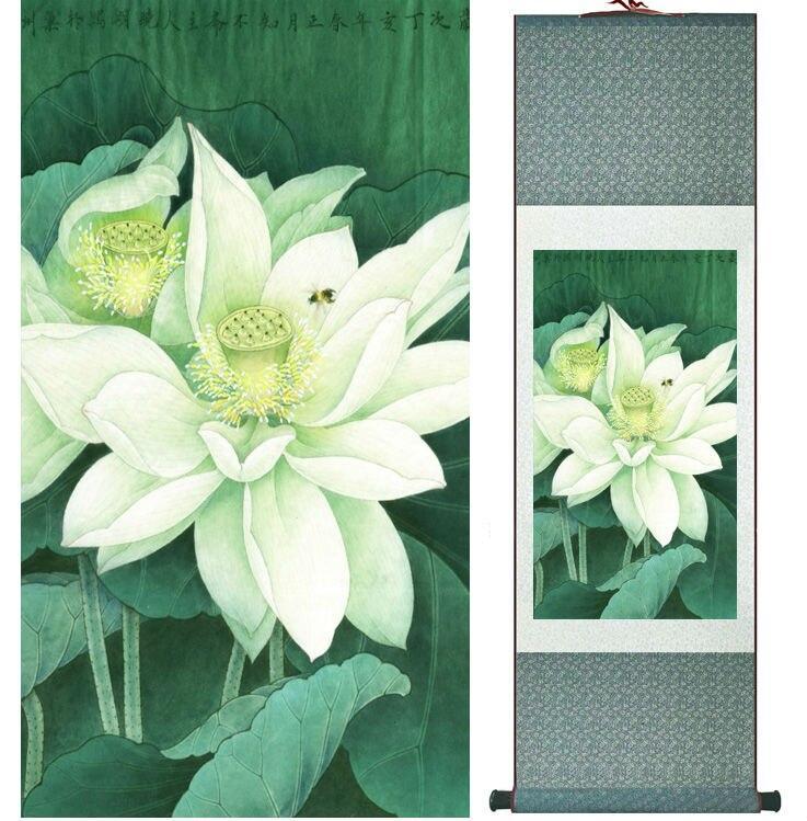 Chinese Art Scroll Painting Lotus Water Lily Ancient Silk Picture Wall Ideas 14042-Chinese Style Finds™