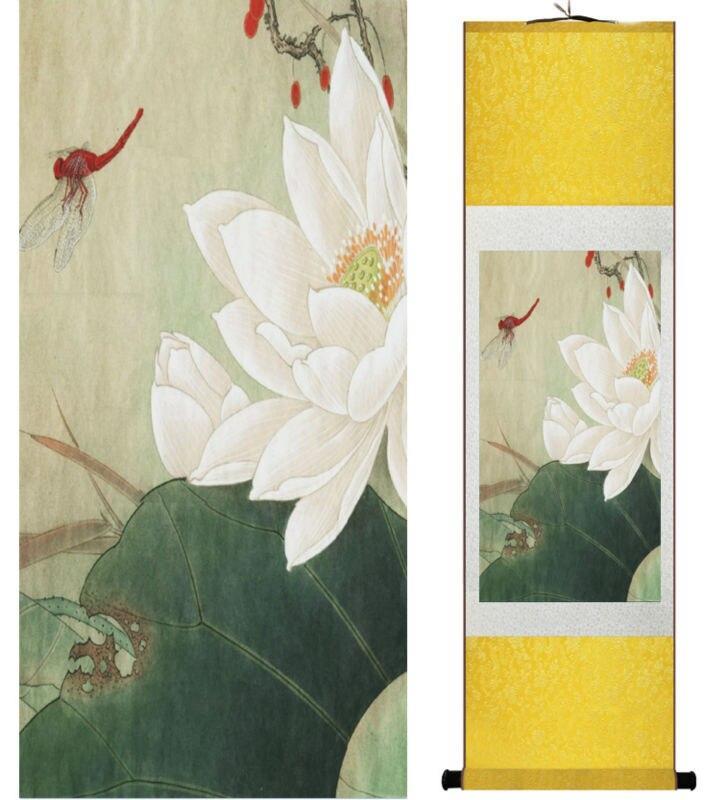 Chinese Art Scroll Painting Lotus Water Lily Ancient Silk Picture Wall Ideas 14046-Chinese Style Finds™