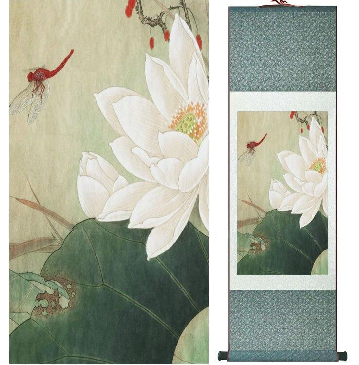 Chinese Art Scroll Painting Lotus Water Lily Ancient Silk Picture Wall Ideas 14046-Chinese Style Finds™