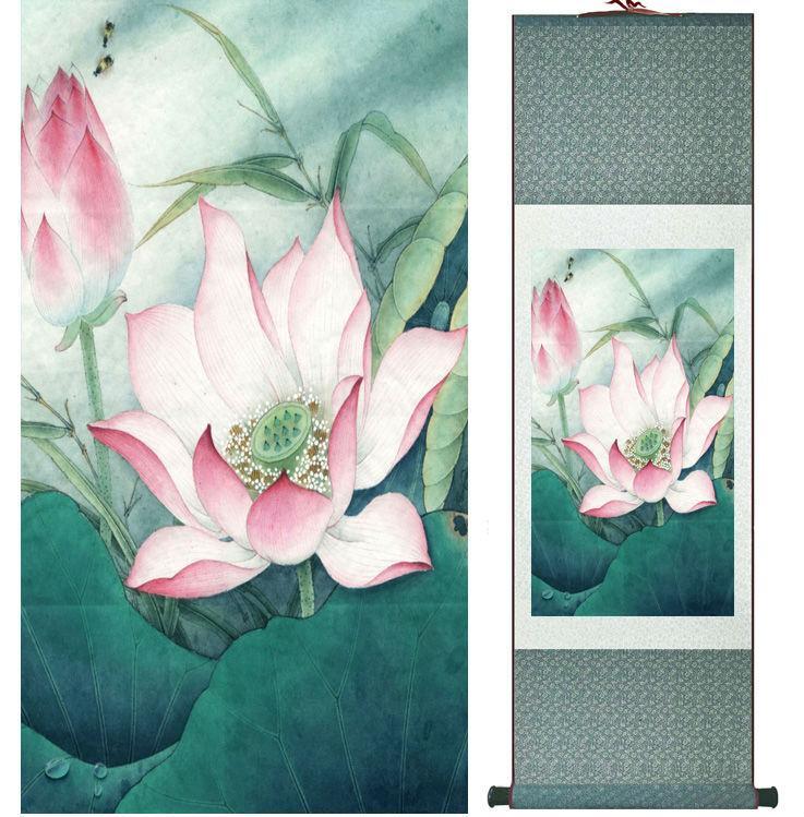 Chinese Art Scroll Painting Lotus Water Lily Ancient Silk Picture Wall Ideas 14070-Chinese Style Finds™