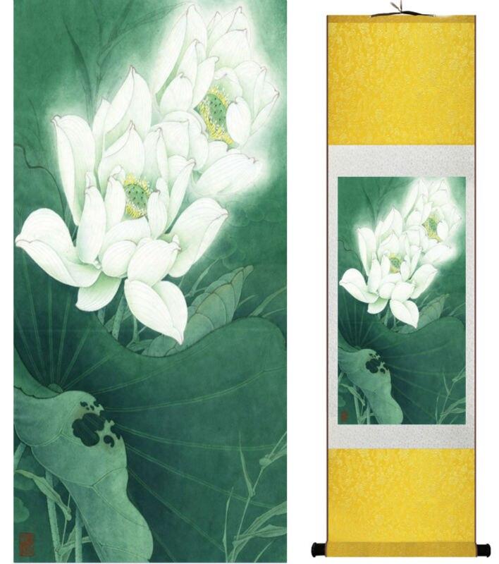 Chinese Art Scroll Painting Lotus Water Lily Ancient Silk Picture Wall Ideas 14074-Chinese Style Finds™