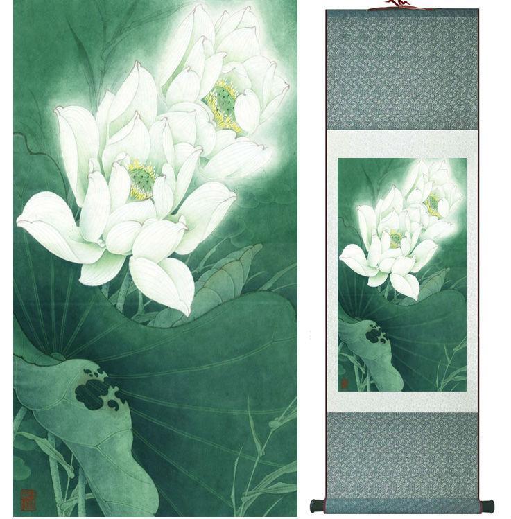 Chinese Art Scroll Painting Lotus Water Lily Ancient Silk Picture Wall Ideas 14074-Chinese Style Finds™