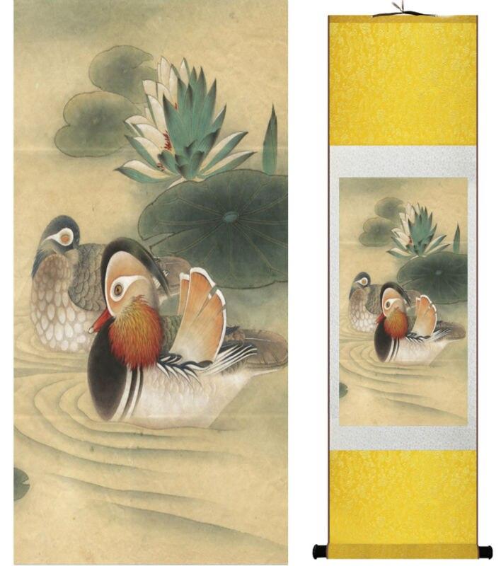 Chinese Art Scroll Painting Mandarin Duck Ancient Silk Picture Wall Ideas 14058-Chinese Style Finds™