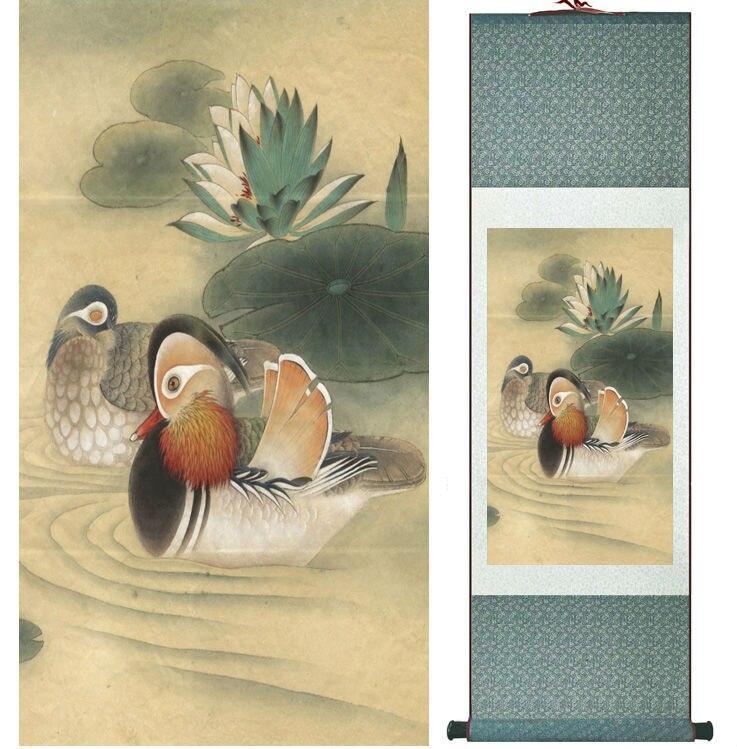 Chinese Art Scroll Painting Mandarin Duck Ancient Silk Picture Wall Ideas 14058-Chinese Style Finds™