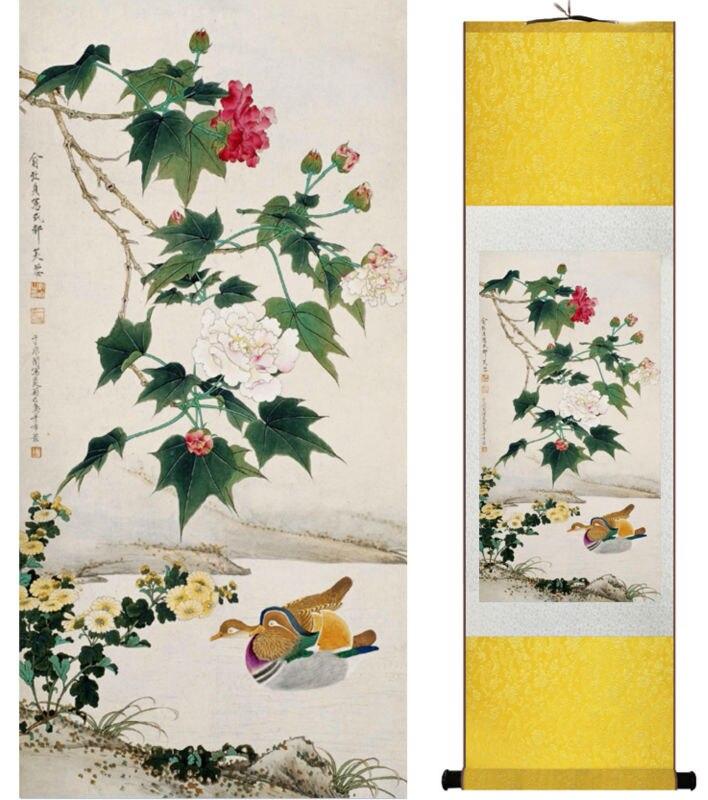 Chinese Art Scroll Painting Mandarin Duck Ancient Silk Picture Wall Ideas 14194-Chinese Style Finds™