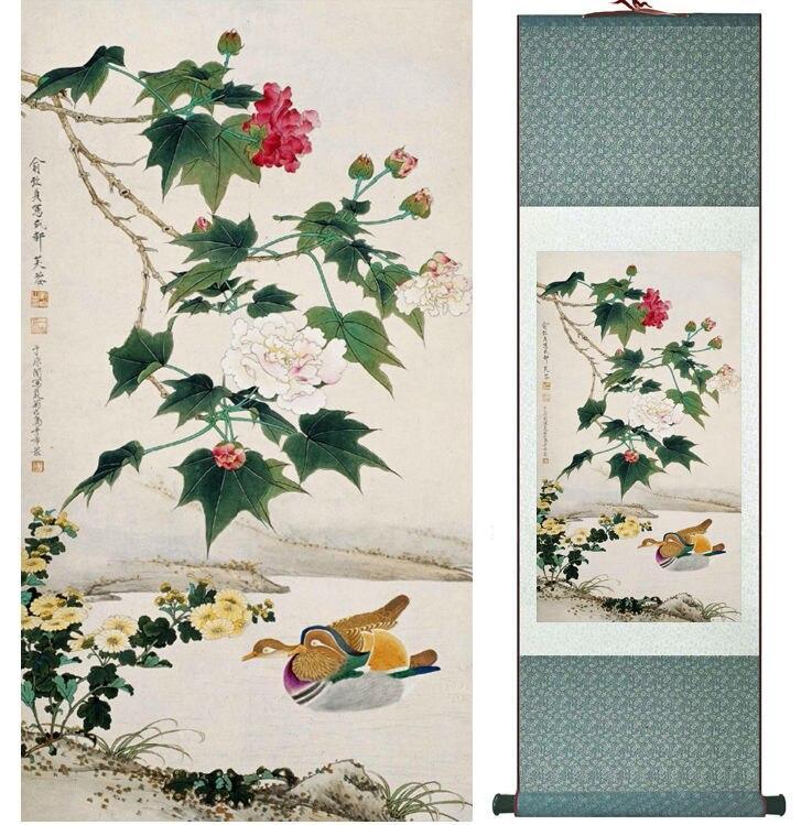 Chinese Art Scroll Painting Mandarin Duck Ancient Silk Picture Wall Ideas 14194-Chinese Style Finds™