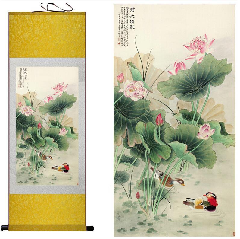 Chinese Art Scroll Painting Mandarin Duck And Water Lily Ancient Silk Picture Wall Ideas 10278-Chinese Style Finds™