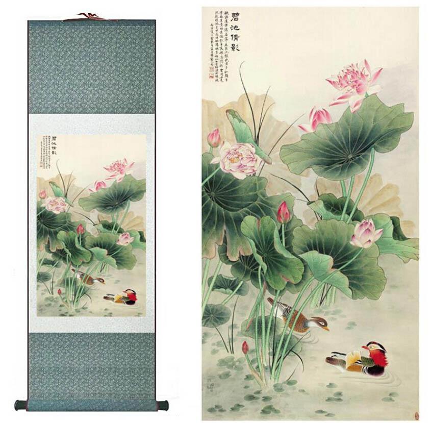 Chinese Art Scroll Painting Mandarin Duck And Water Lily Ancient Silk Picture Wall Ideas 10278-Chinese Style Finds™