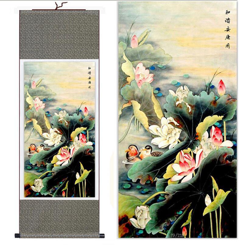 Chinese Art Scroll Painting Mandarin Duck And Water Lily Ancient Silk Picture Wall Ideas 10290-Chinese Style Finds™