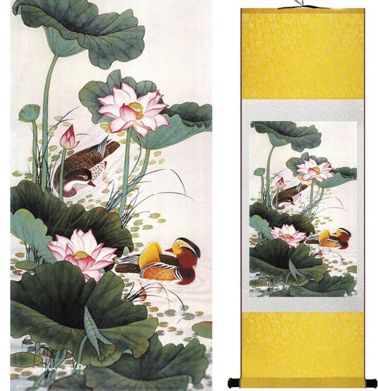 Chinese Art Scroll Painting Mandarin Duck And Water Lily Ancient Silk Picture Wall Ideas 11822-Chinese Style Finds™