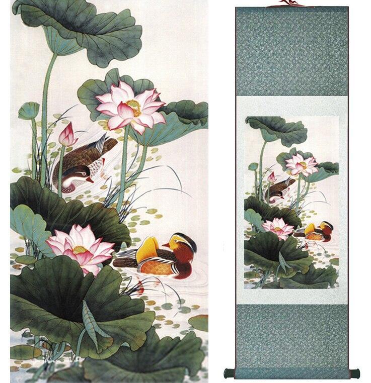 Chinese Art Scroll Painting Mandarin Duck And Water Lily Ancient Silk Picture Wall Ideas 11822-Chinese Style Finds™