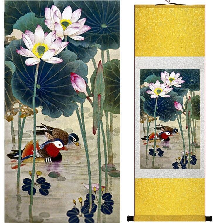 Chinese Art Scroll Painting Mandarin Duck And Water Lily Ancient Silk Picture Wall Ideas 11826-Chinese Style Finds™