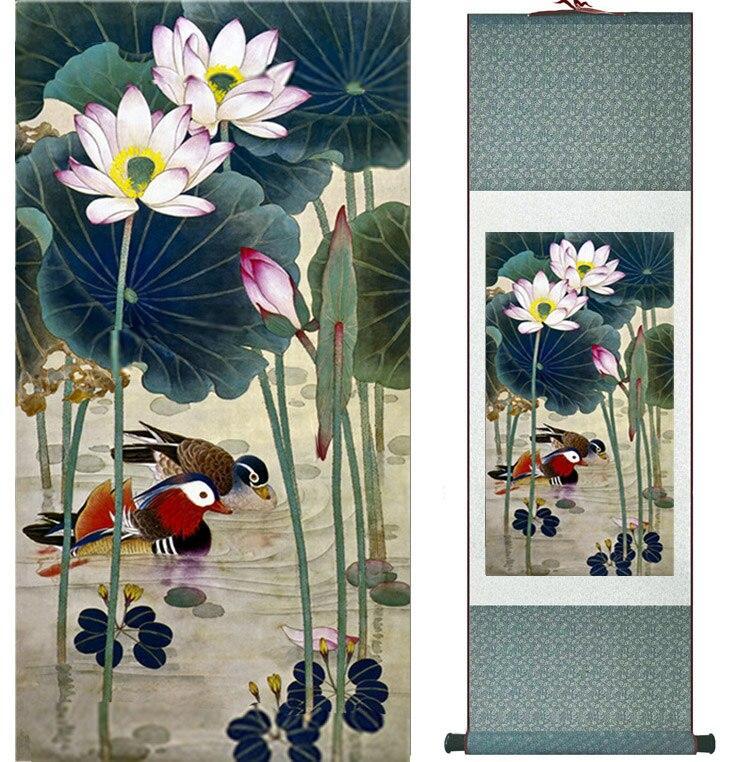 Chinese Art Scroll Painting Mandarin Duck And Water Lily Ancient Silk Picture Wall Ideas 11826-Chinese Style Finds™