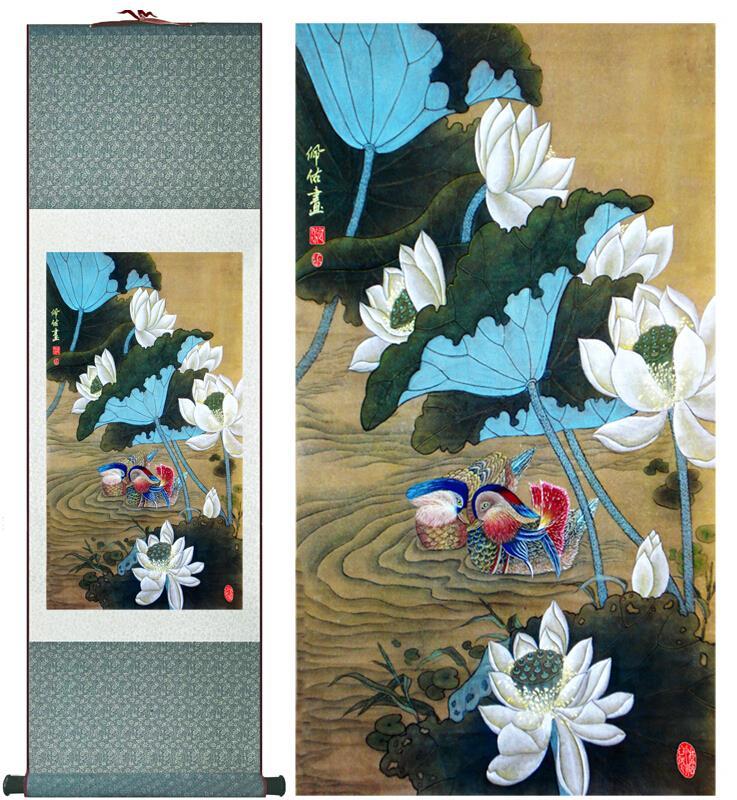 Chinese Art Scroll Painting Mandarin Ducks Ancient Silk Picture Wall Ideas 10668-Chinese Style Finds™