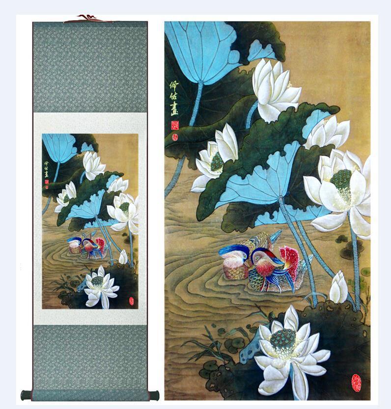 Chinese Art Scroll Painting Mandarin Ducks Playing In Water Ancient Silk Picture Wall Ideas 10684-Chinese Style Finds™