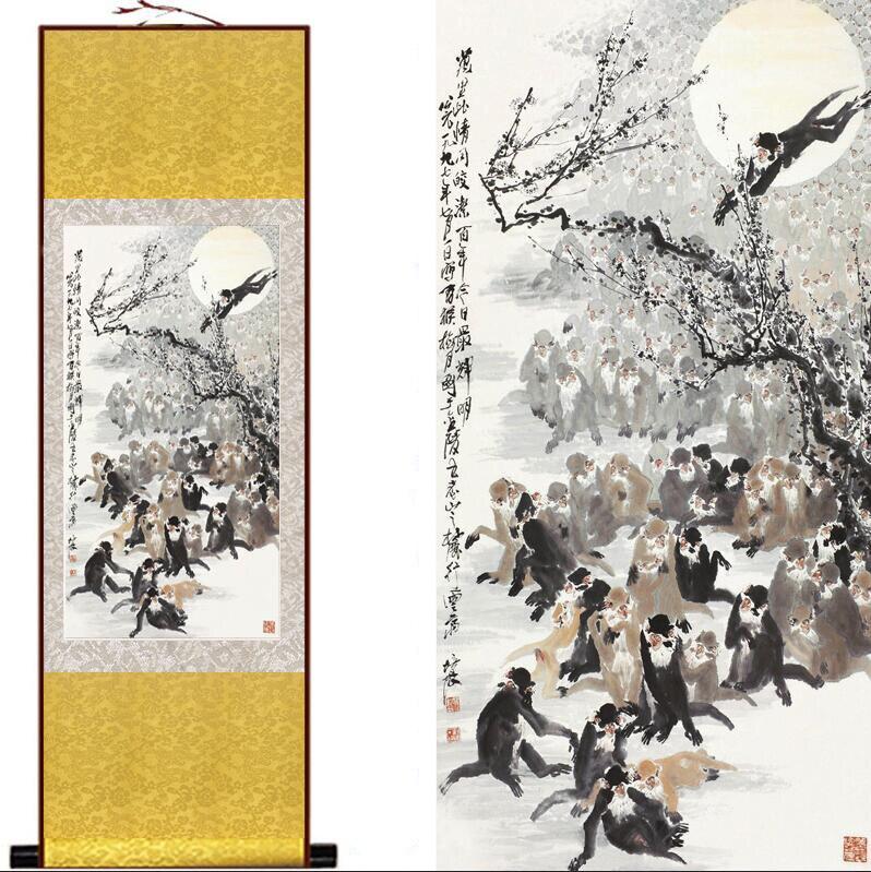 Chinese Art Scroll Painting Monkey Ancient Silk Picture Wall Ideas 12950-Chinese Style Finds™