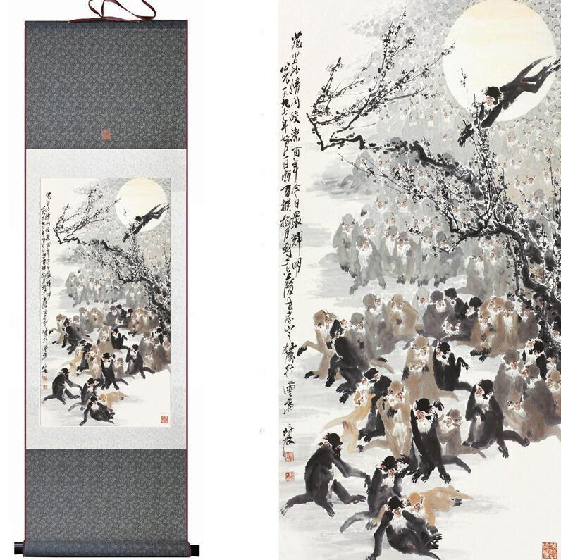 Chinese Art Scroll Painting Monkey Ancient Silk Picture Wall Ideas 12950-Chinese Style Finds™