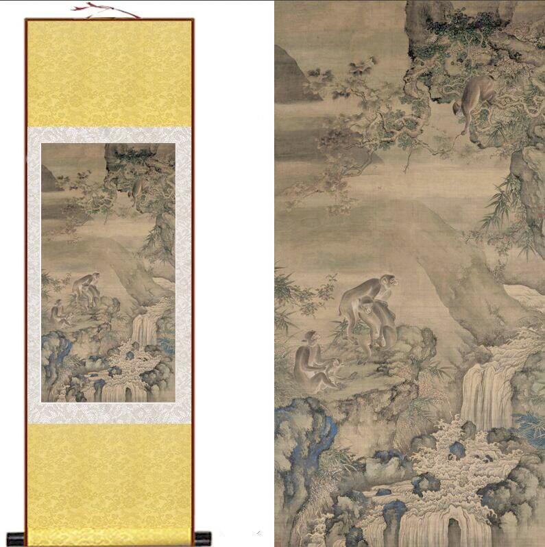 Chinese Art Scroll Painting Monkey Ancient Silk Picture Wall Ideas 12954-Chinese Style Finds™