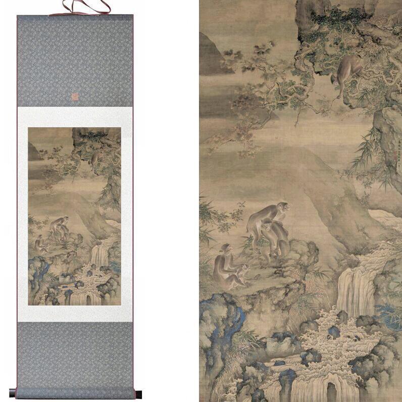 Chinese Art Scroll Painting Monkey Ancient Silk Picture Wall Ideas 12954-Chinese Style Finds™