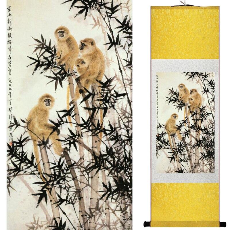 Chinese Art Scroll Painting Monkey Ancient Silk Picture Wall Ideas 16456-Chinese Style Finds™