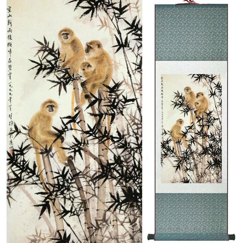 Chinese Art Scroll Painting Monkey Ancient Silk Picture Wall Ideas 16456-Chinese Style Finds™